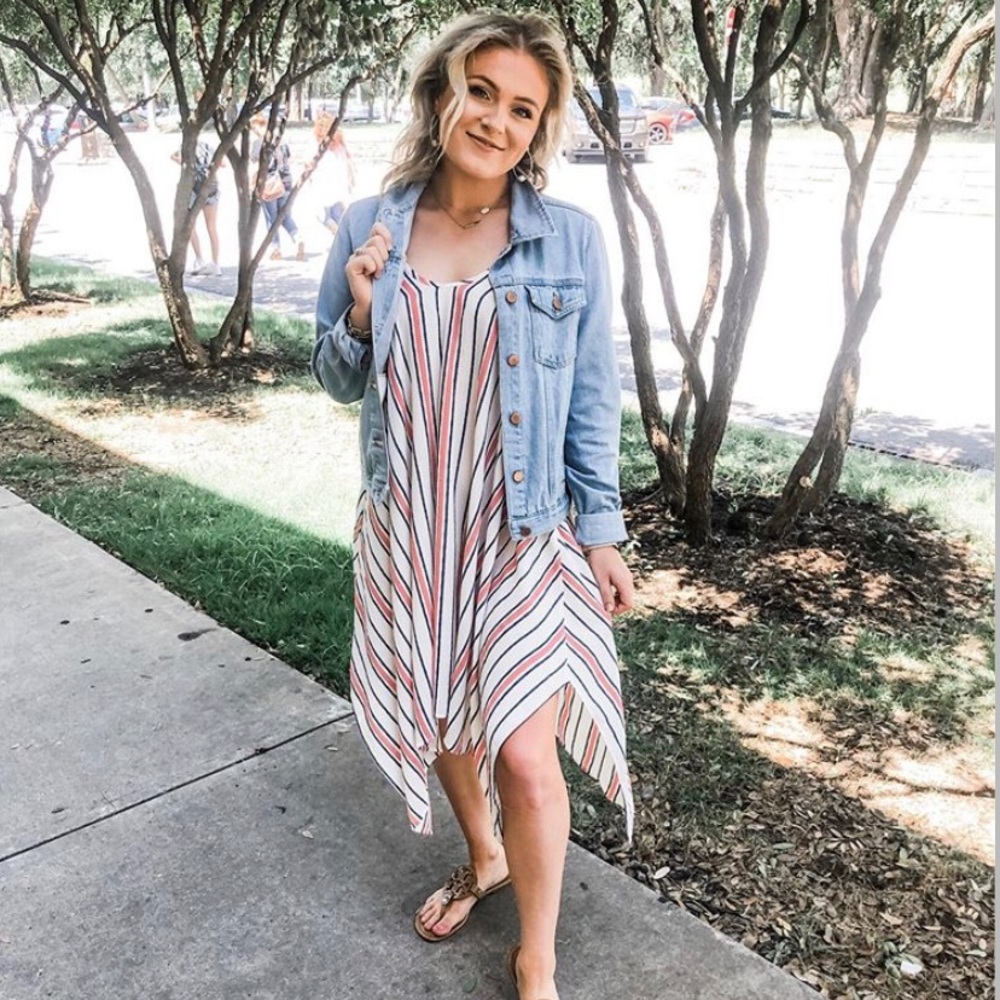 Orange, navy, and white striped dress